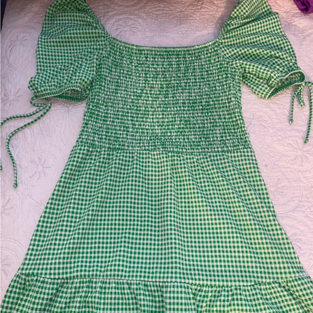 Green gingham off the shoulder summer dress